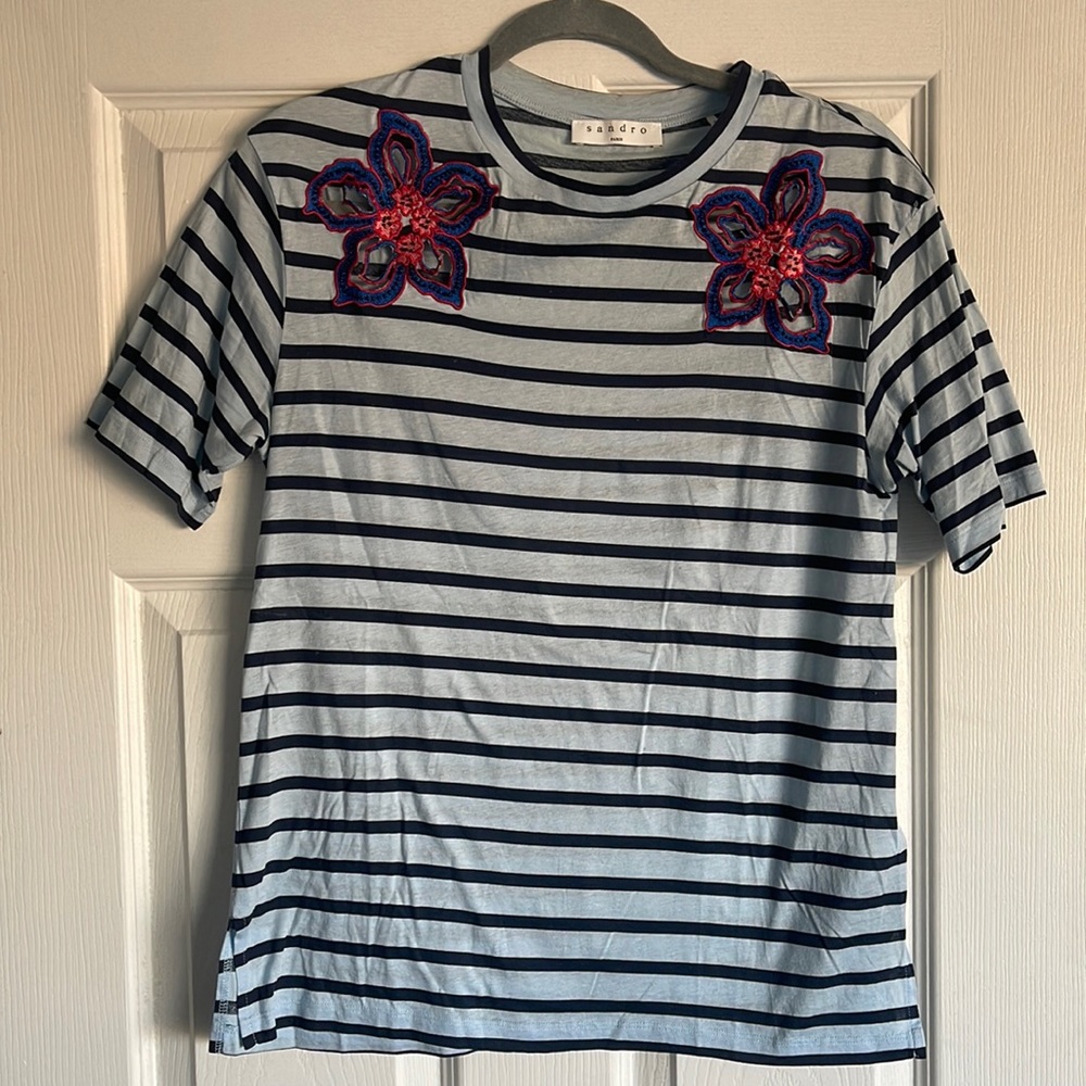 Sandro Blue Striped cut-out Floral Beaded t-shirt. Size 1